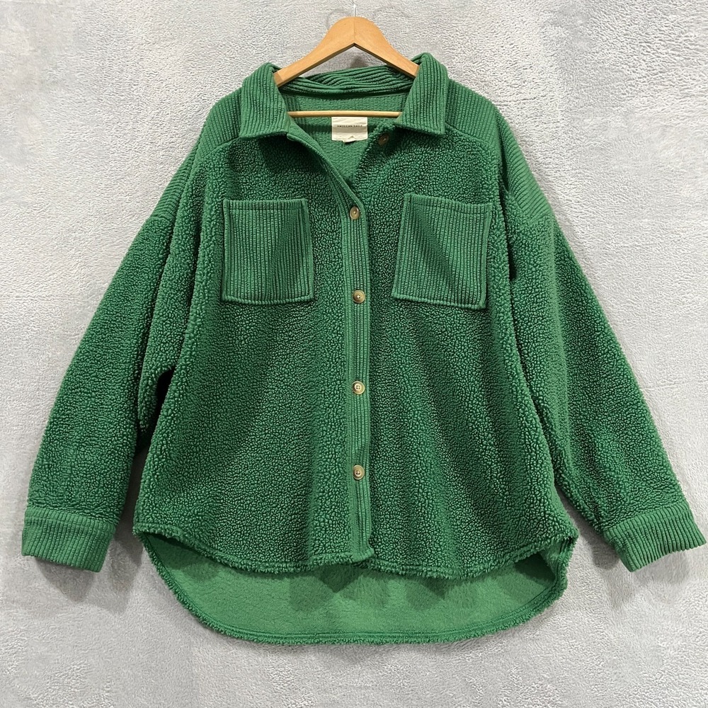 American Eagle Jacket Women's‎ XL Green Oversized Fleece Button Boho Hippie Y2k